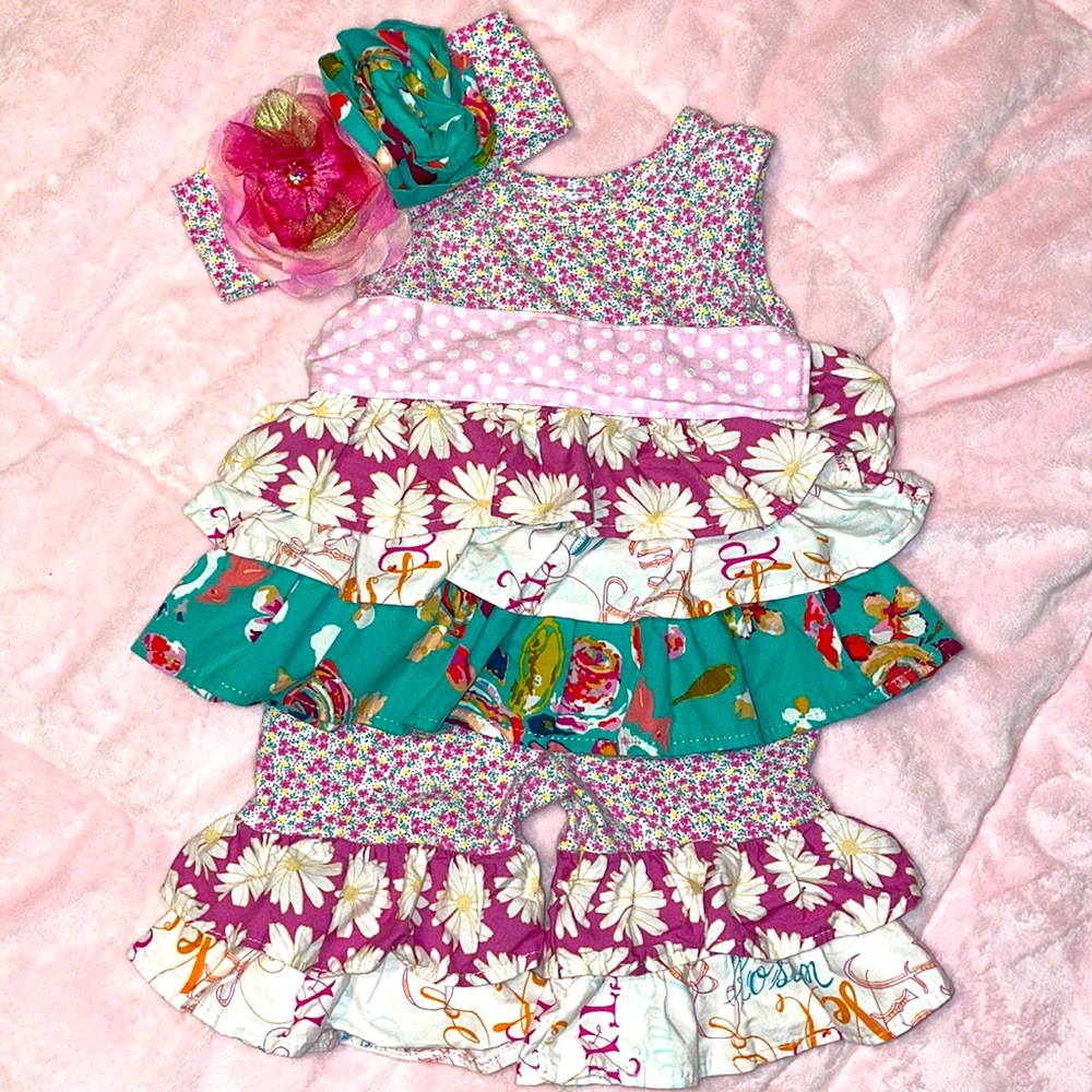 6/9 m Haute Baby Multimedia 3 Pc Top/Bloomers Headband Wide Bottom BoHo Chic
